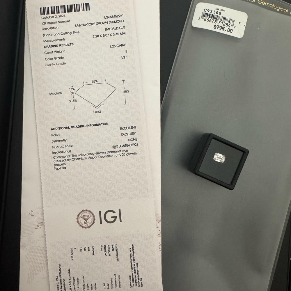 1.25 Lab-Grown Emerald Cut Diamond with IGI Certificate